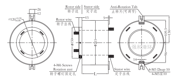 中空旋转接头滑环，孔径120mm，外径215mm结构原理图纸