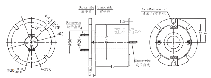 过孔滑环（孔径20mm 外径56mm）结构原理图纸