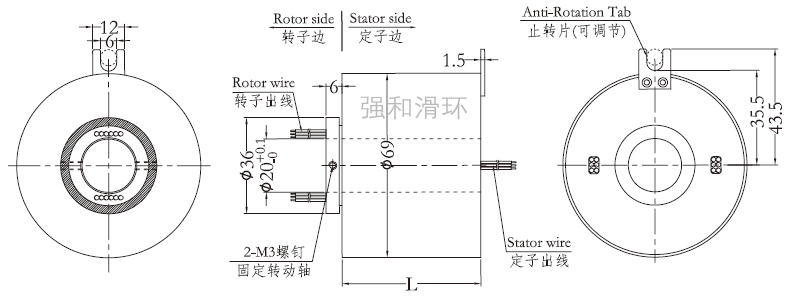 过孔滑环（孔径20mm 外径69mm）结构原理图纸